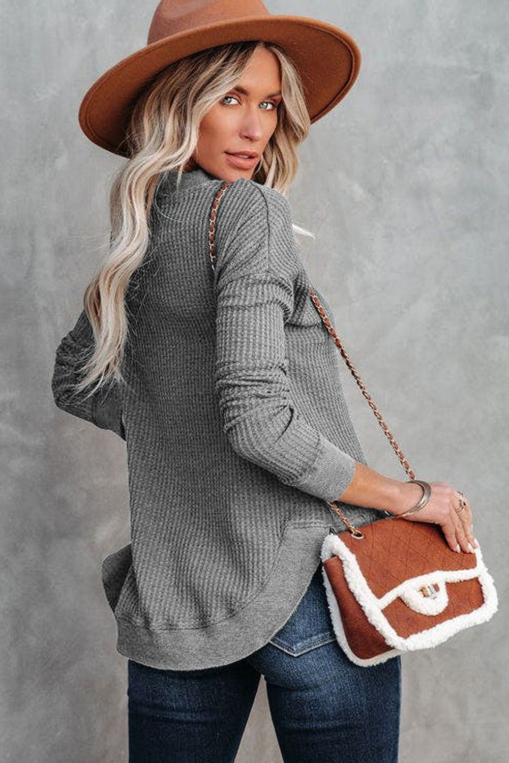 Pink Crew Neck Ribbed Trim Waffle Knit Top