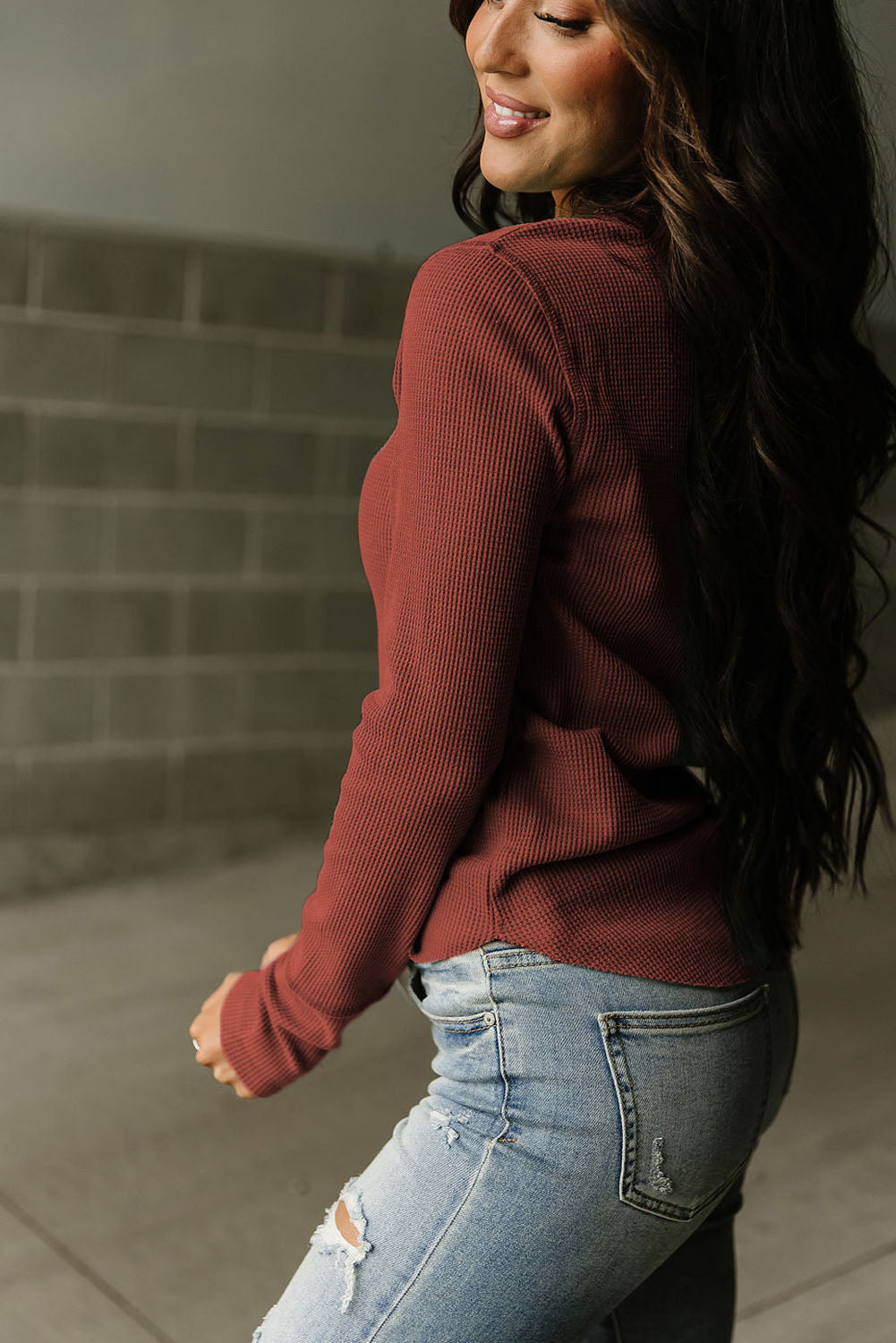 Black Trimmed Neckline Waffle Knit Henley Top