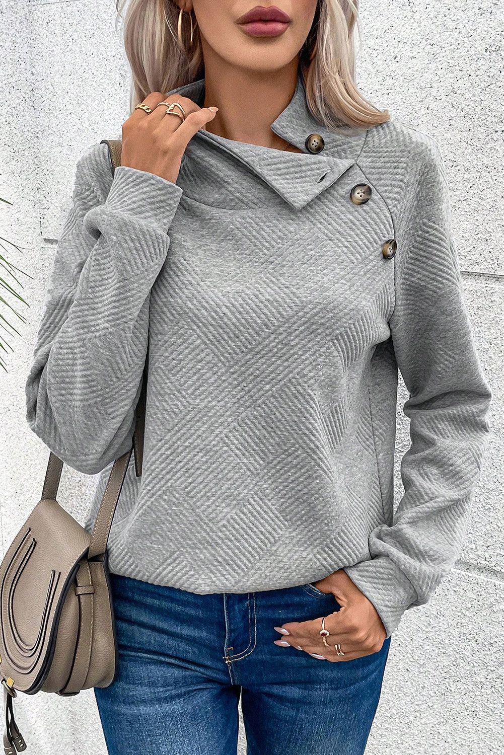Light Grey Textured Knit Buttoned Kangaroo Pocket Sweatshirt