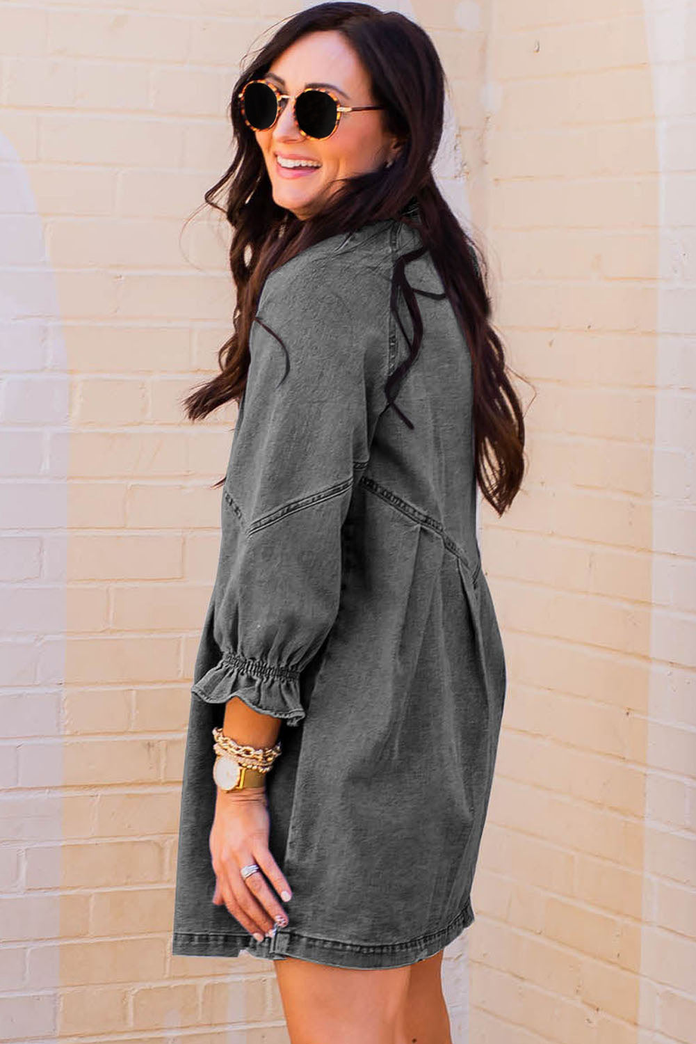 Gray Sequin Nutcracker Graphic Long Sleeve Shirt Denim Dress