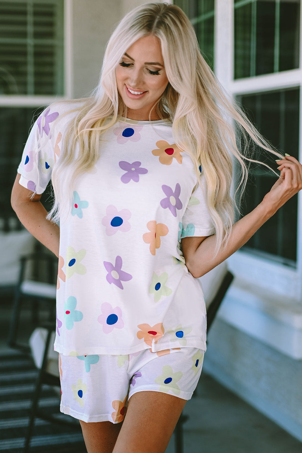 White Floral Long Sleeve Henley Top and Drawstring Shorts Set