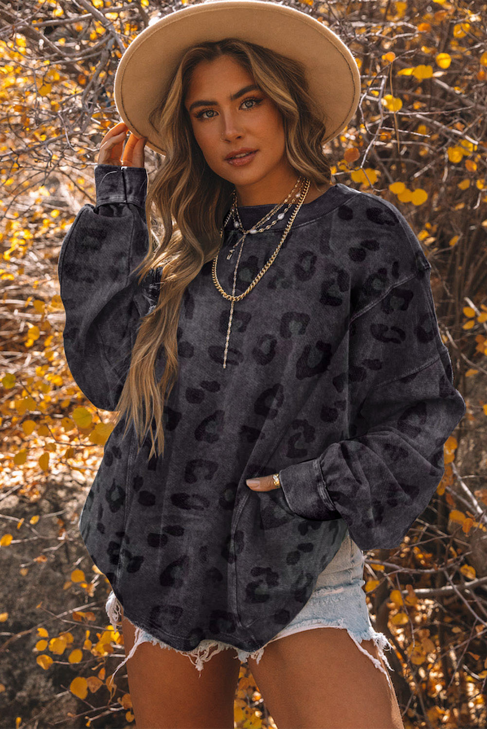 Gray Vintage Washed Leopard T-Shirt Dress with Pockets