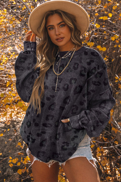 Gray Vintage Washed Leopard T-Shirt Dress with Pockets