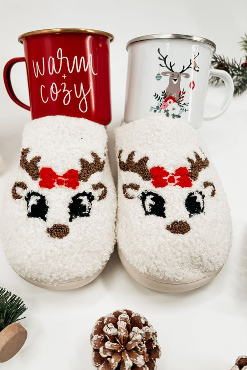 White Christmas Deer Home Indoor Plush Slippers