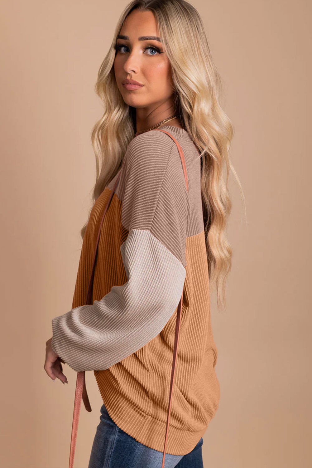 Mineral Red Plus Size Ribbed Colorblock Long Sleeve Top