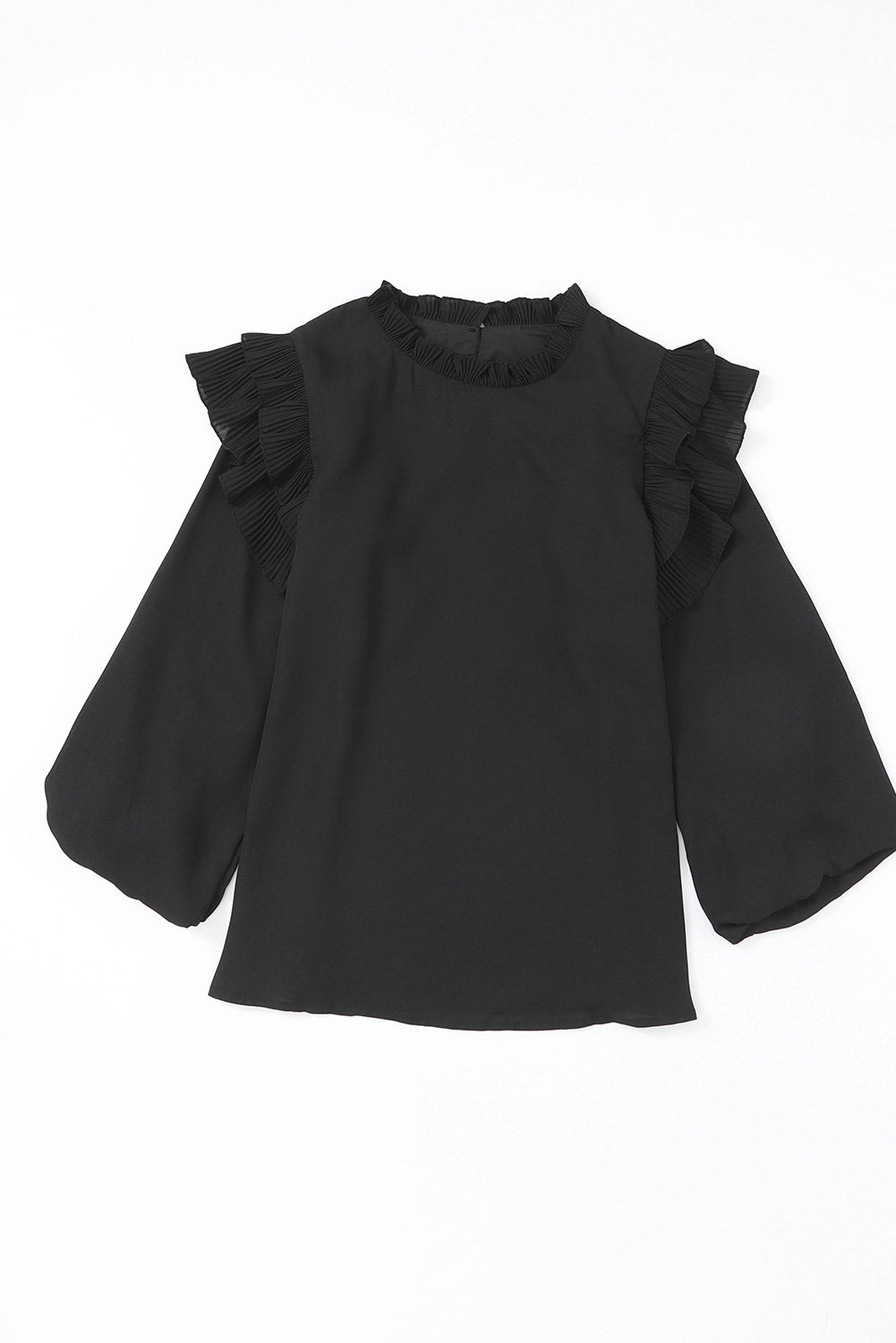 Rose Button Keyhole Back Pleated Ruffle Trim Blouse