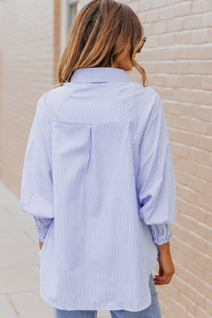 Pink Smocked Cuffed Striped Boyfriend Shirt with Pocket