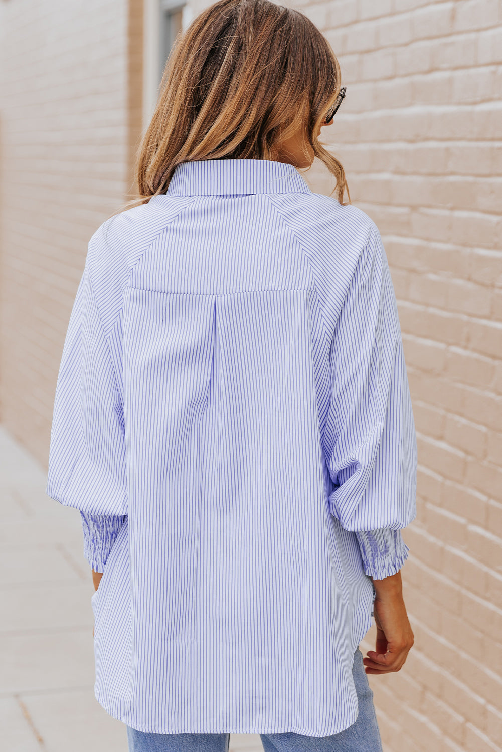 Pink Smocked Cuffed Striped Boyfriend Shirt with Pocket