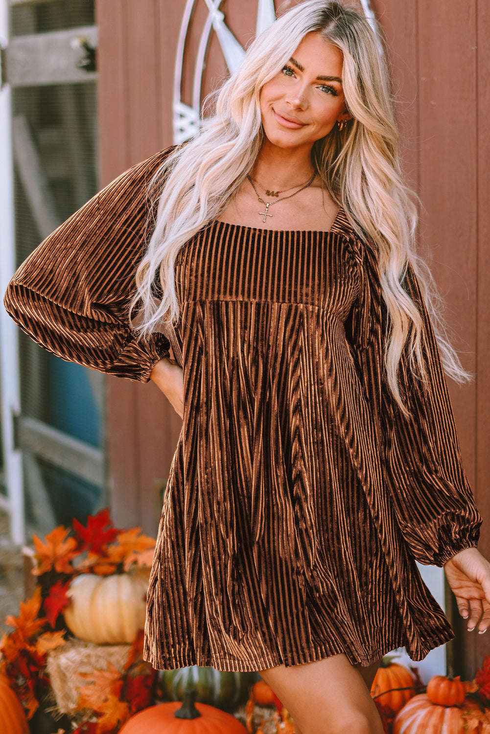Pink Smocked Ribbed Velvet Babydoll Top