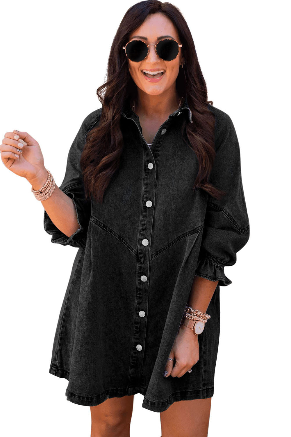 Gray Sequin Nutcracker Graphic Long Sleeve Shirt Denim Dress