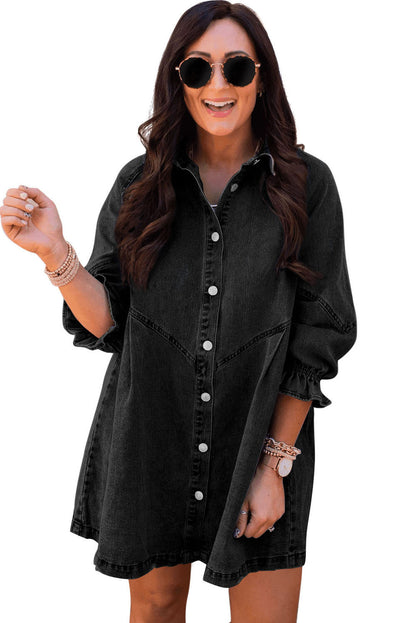 Gray Sequin Nutcracker Graphic Long Sleeve Shirt Denim Dress
