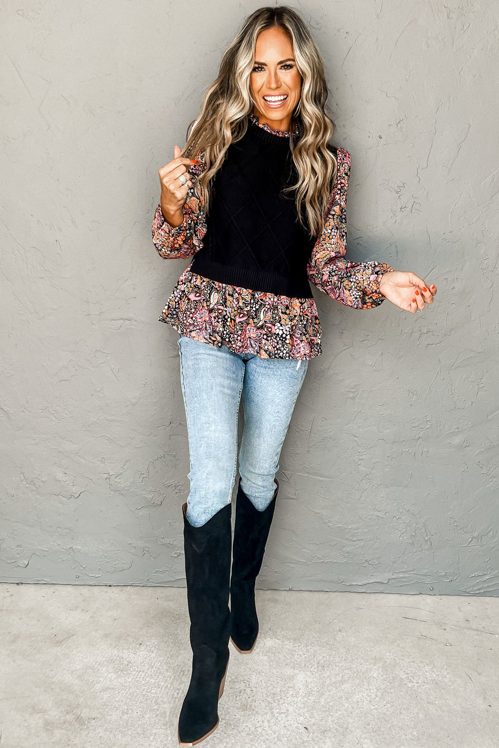 Golden Fleece Floral Patchwork Ruffled Cuff Cable Knit Sweater