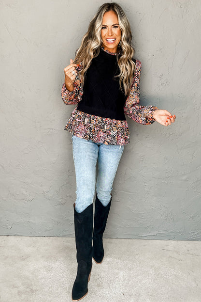 Golden Fleece Floral Patchwork Ruffled Cuff Cable Knit Sweater