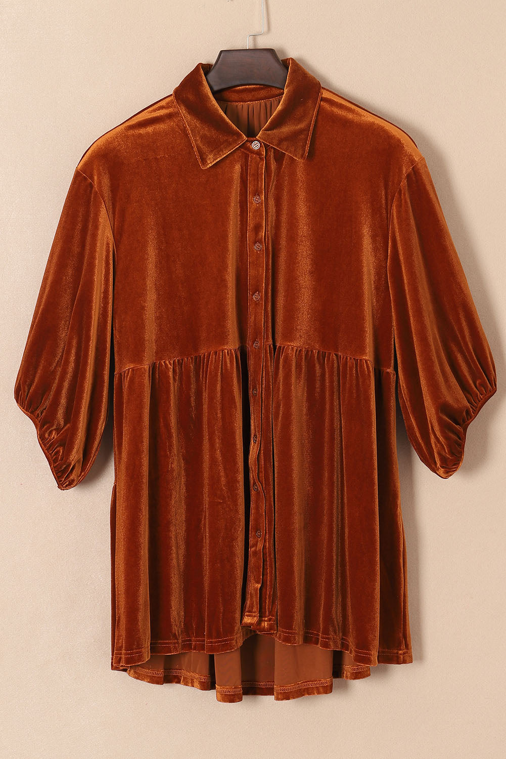 Pale Khaki 3/4 Sleeve Tunic Babydoll Velvet Shirt