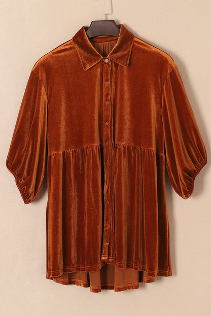 Pale Khaki 3/4 Sleeve Tunic Babydoll Velvet Shirt