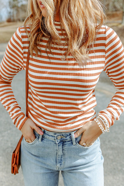 Black Striped Print Textured Knit Long Sleeve Tee