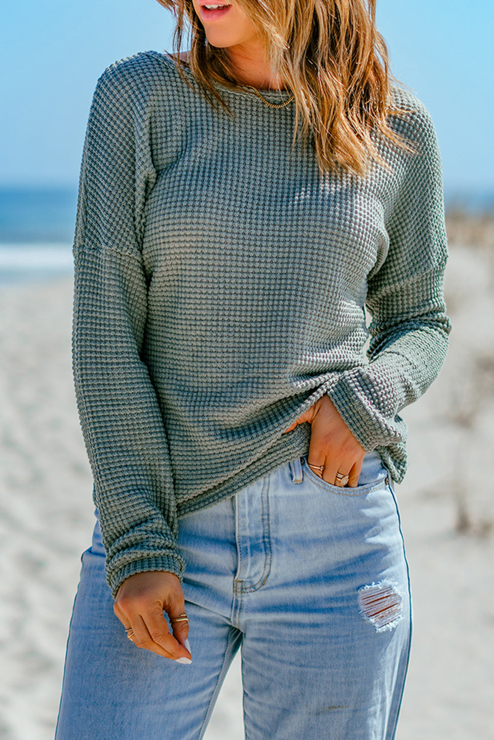 Fiery Red Waffle Knit Drop Shoulder Long Sleeve Top