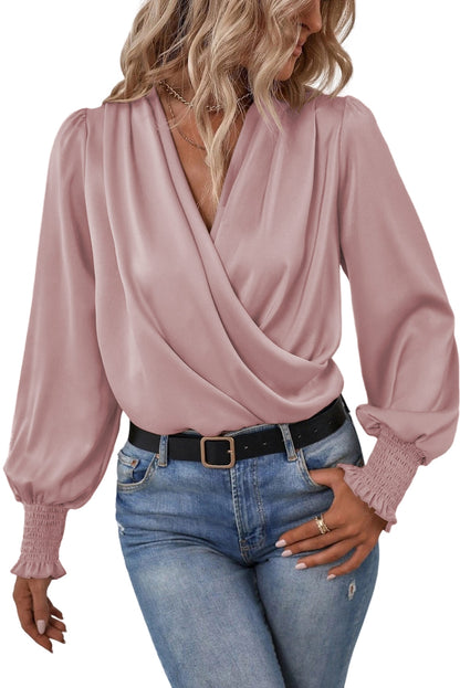 Khaki Solid Surplice Neck Shirred Cuffs Draped Blouse