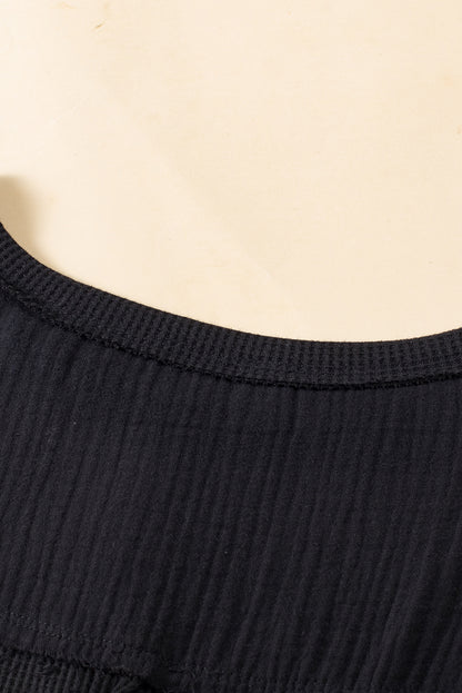 Gray Exposed Seam Patchwork Bubble Sleeve Waffle Knit Top