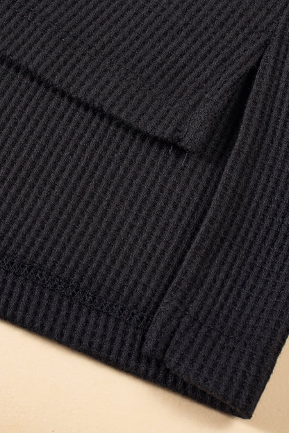 Gray Exposed Seam Patchwork Bubble Sleeve Waffle Knit Top
