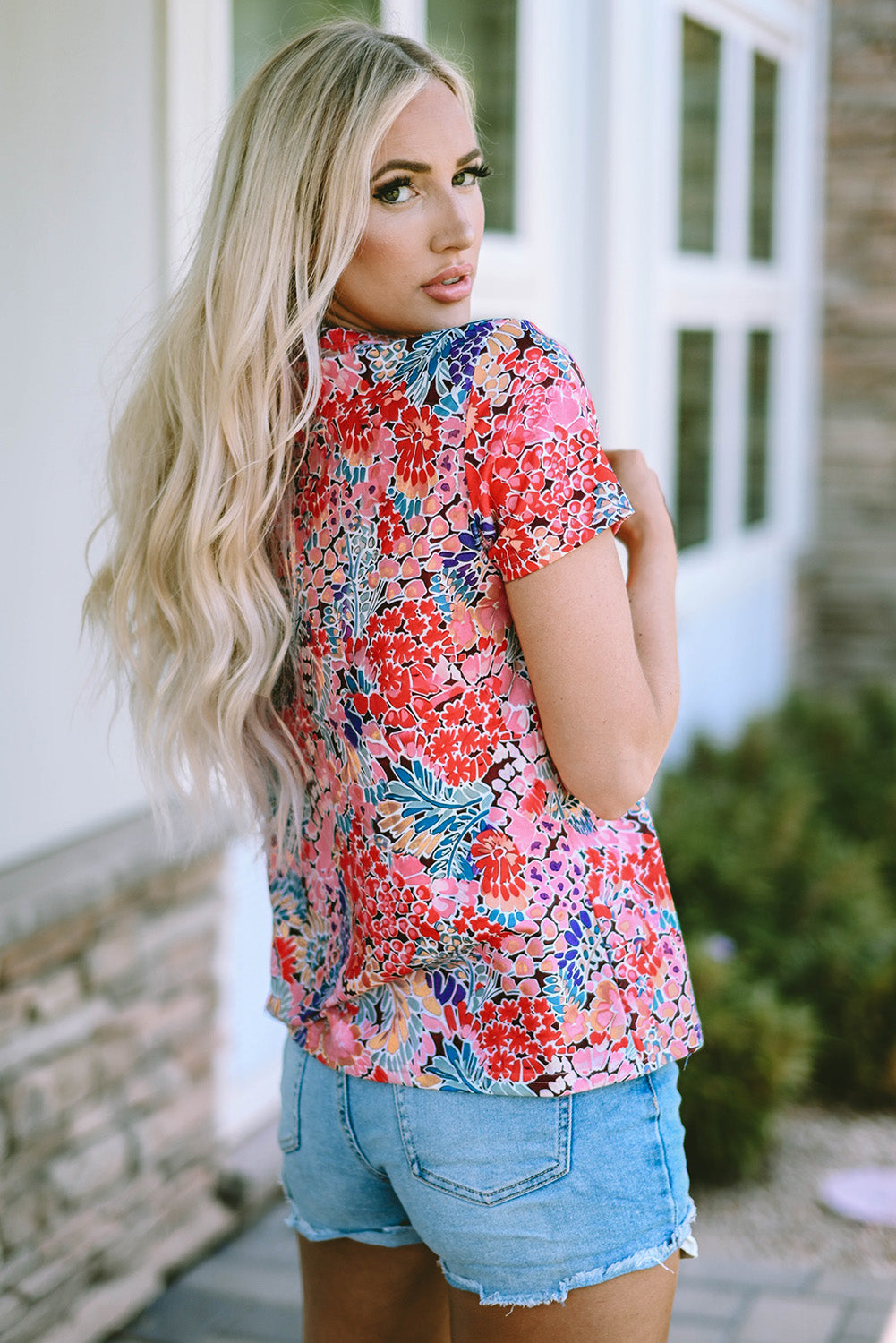 Multicolor Gorgeous Floral Print Tie V Neck Ruffle Dress