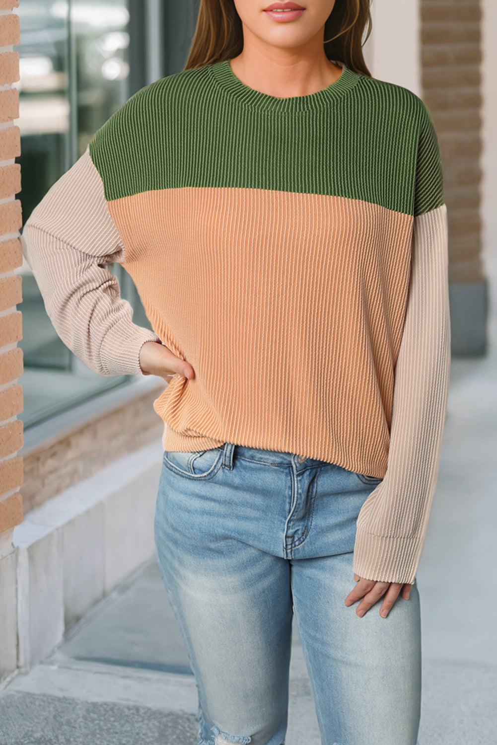 Mineral Red Plus Size Ribbed Colorblock Long Sleeve Top