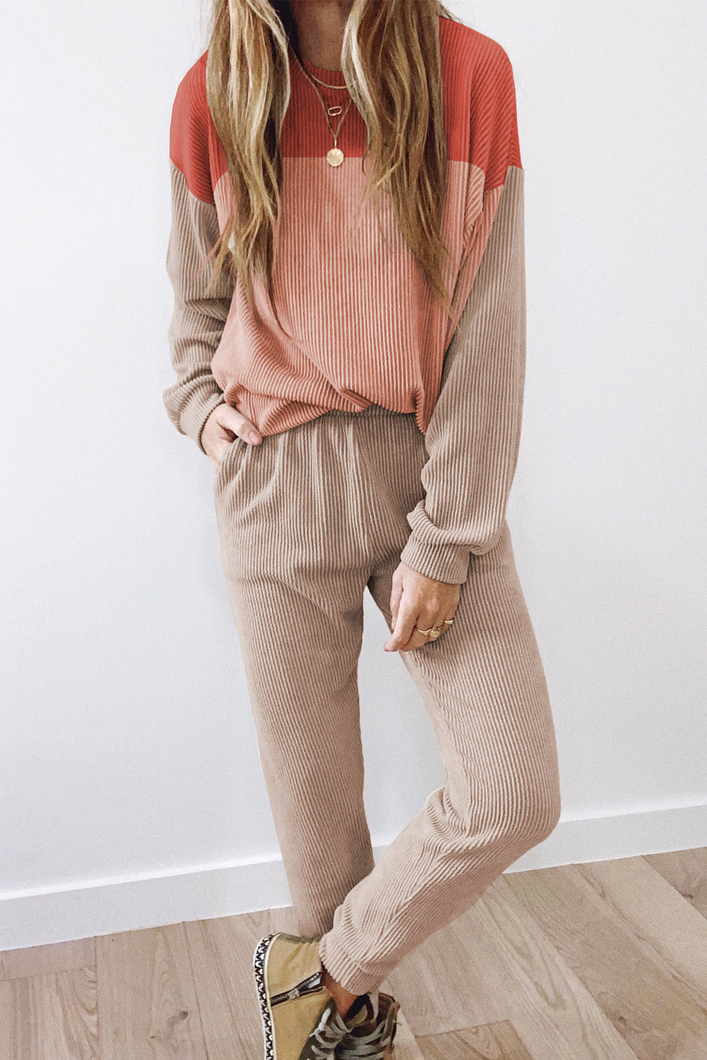 Mineral Red Plus Size Ribbed Colorblock Long Sleeve Top