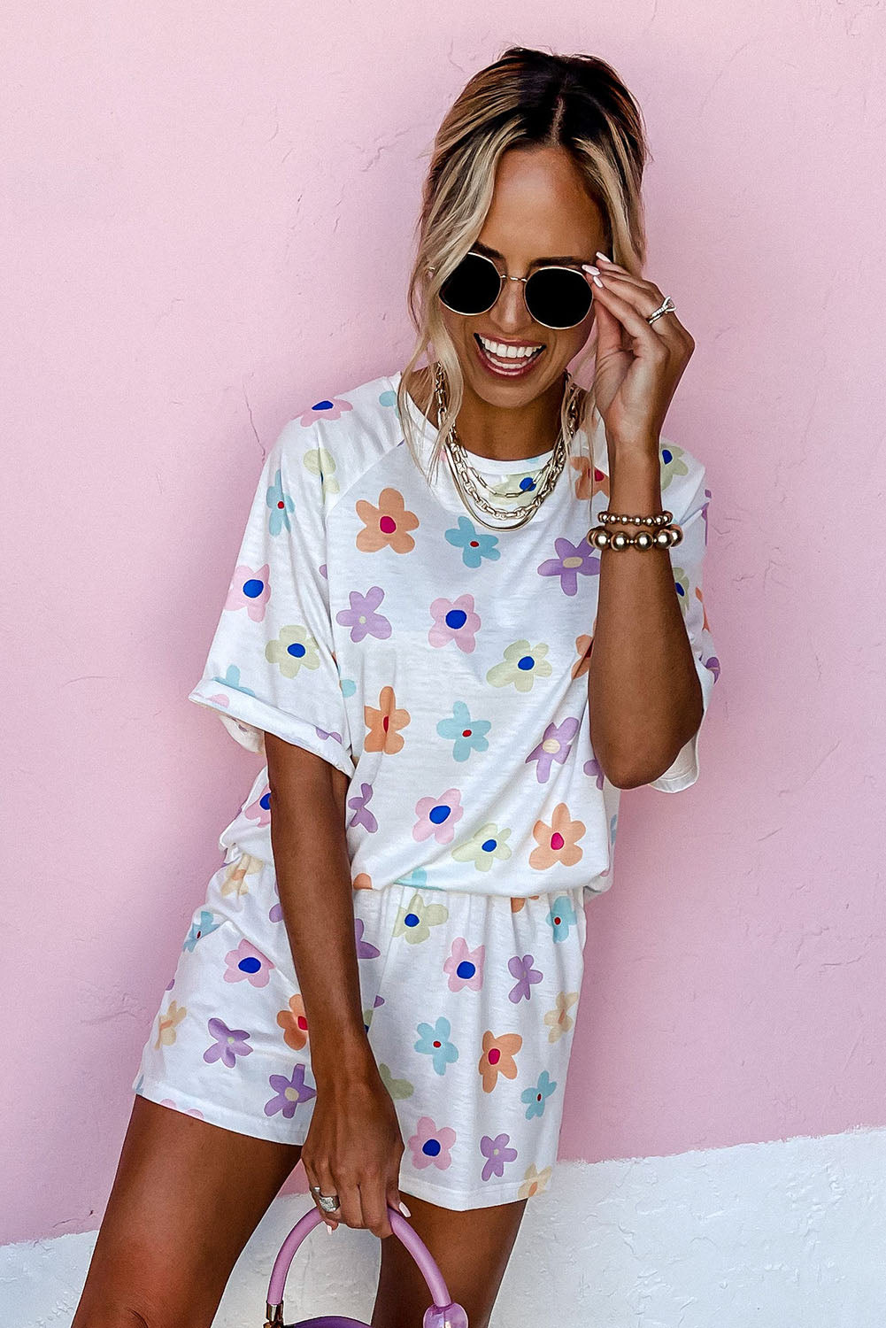 White Floral Long Sleeve Henley Top and Drawstring Shorts Set