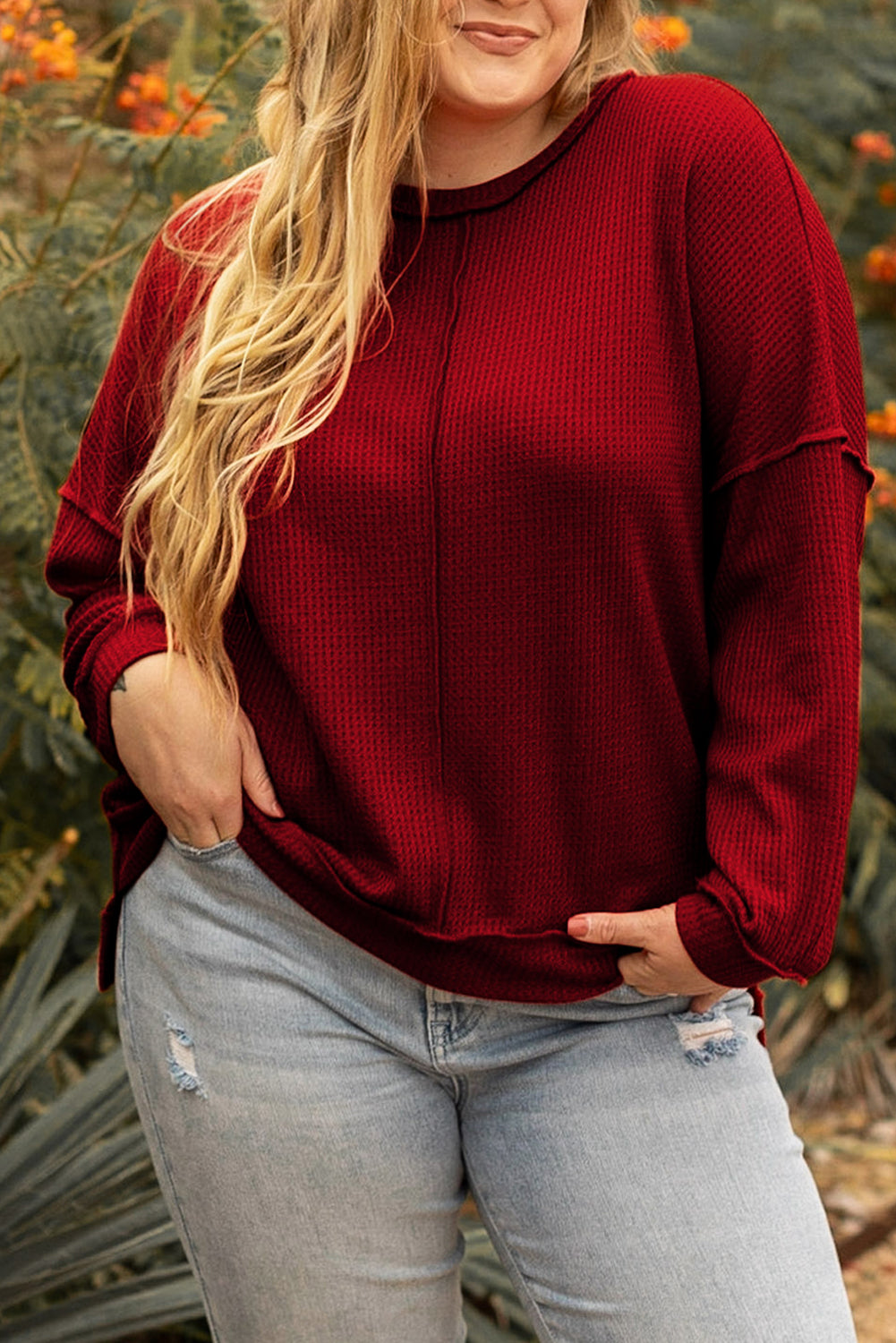 Gold Flame Exposed Seam Detail Waffle Knit Plus Size Top