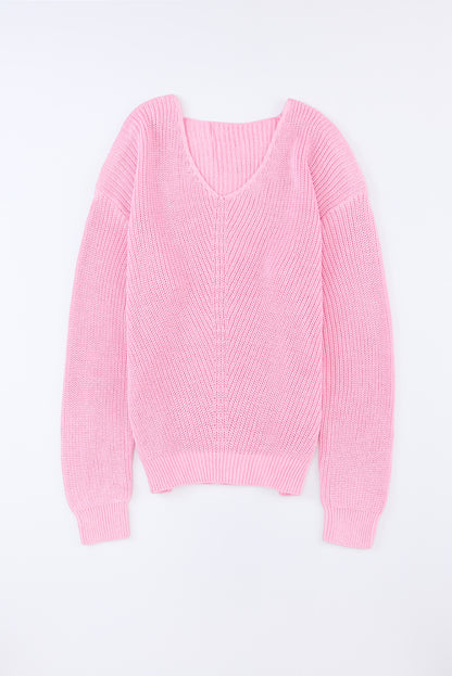 Black Ribbed Knit V Neck Sweater