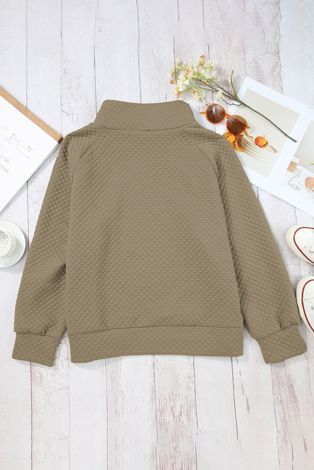 Black Solid Half Zipper Quilted Pullover Sweatshirt