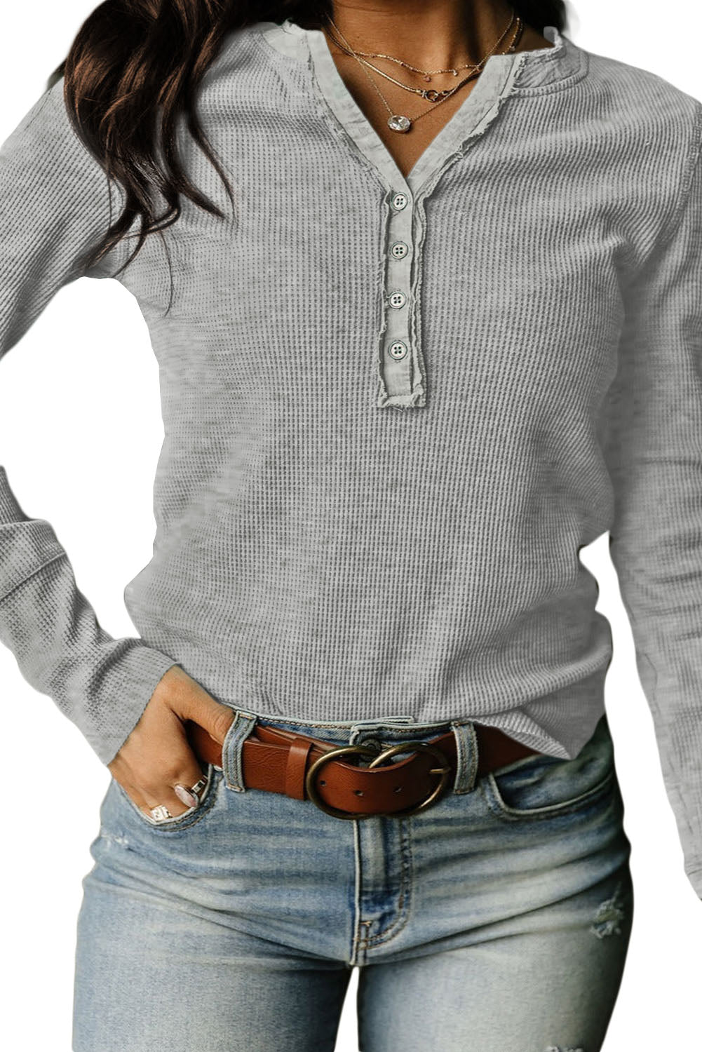 Black Trimmed Neckline Waffle Knit Henley Top
