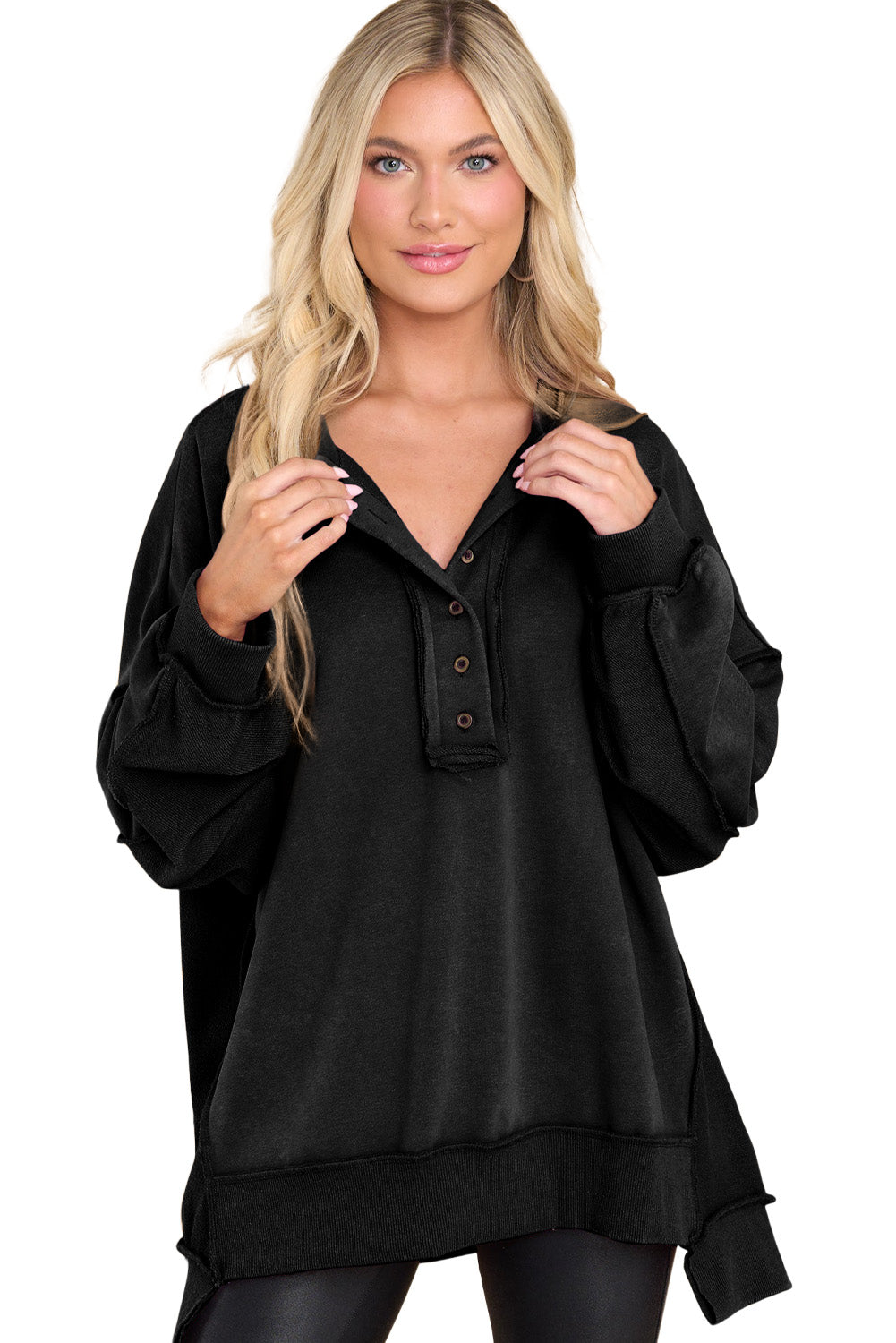 Green Oversized Exposed Seam Henley Sweatshirt