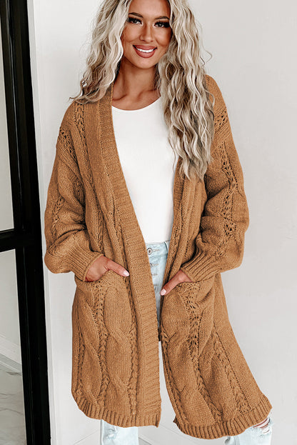 Khaki Ribbed Trim Eyelet Cable Knit Cardigan