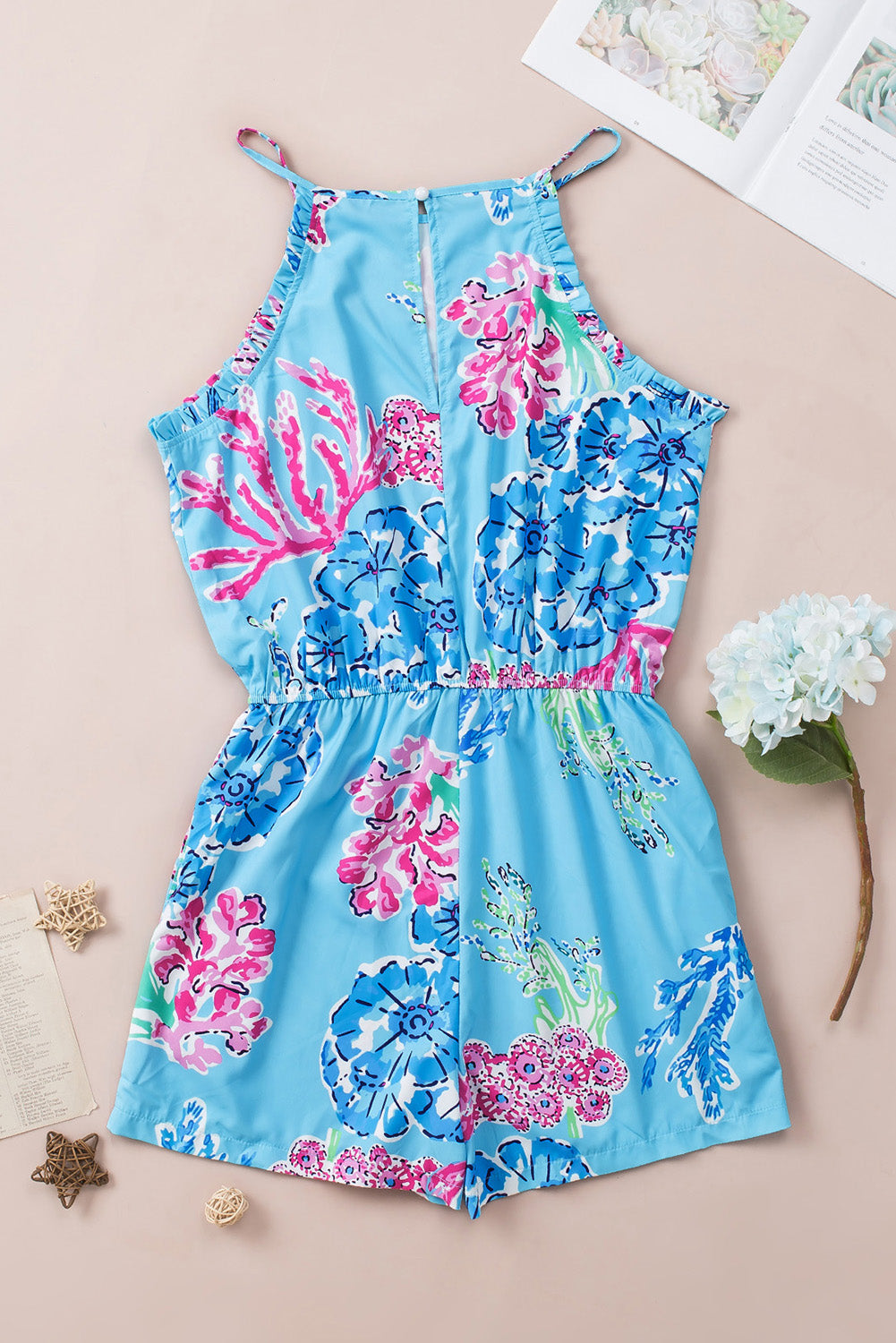 Purple Floral Print Pocketed Frill Sleeveless Romper
