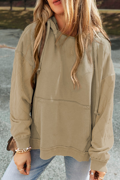 Coffee Solid Color Quilted Kangaroo Pocket Hoodie