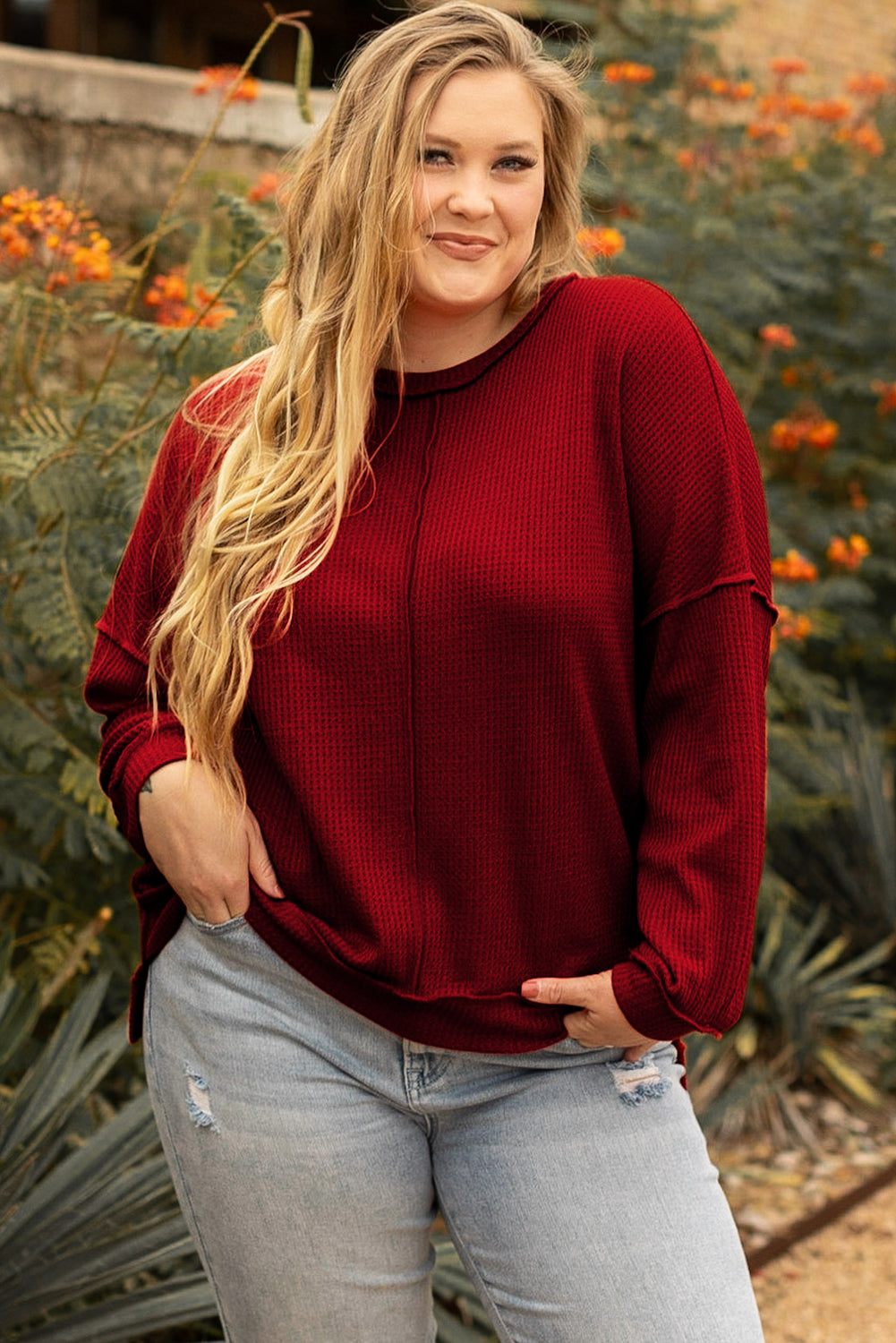 Gold Flame Exposed Seam Detail Waffle Knit Plus Size Top