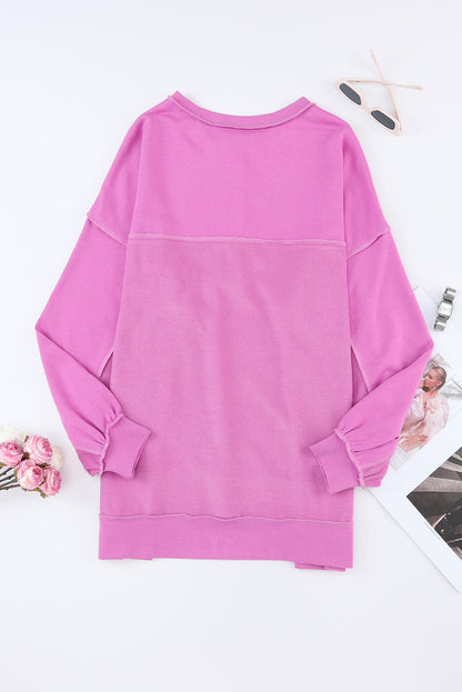 Green Oversized Exposed Seam Henley Sweatshirt