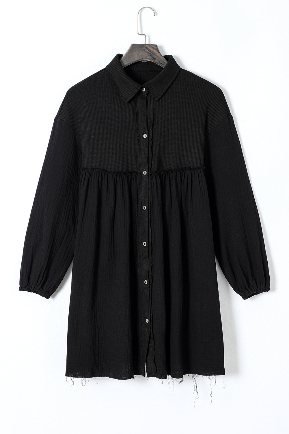 Green Patchwork Crinkle Puff Sleeve Shirt Dress