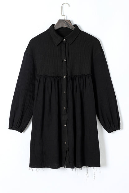 Green Patchwork Crinkle Puff Sleeve Shirt Dress