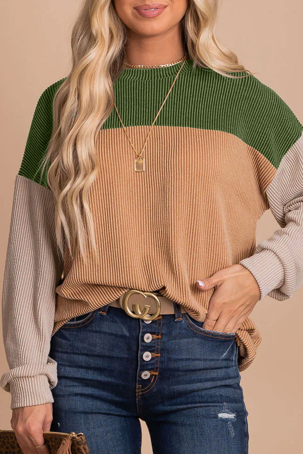 Mineral Red Plus Size Ribbed Colorblock Long Sleeve Top