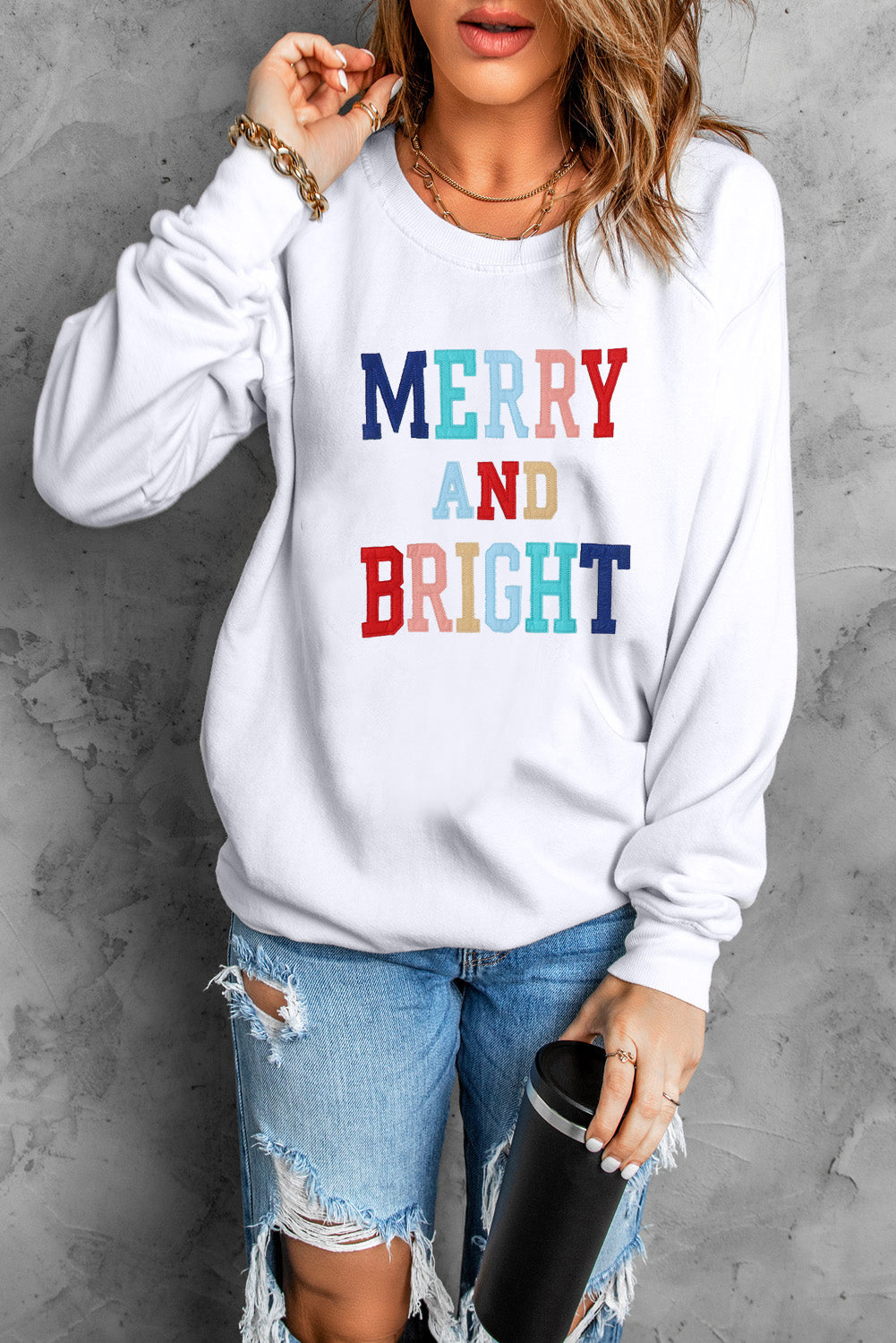 Pink MERRY Alphabet Print Loose Fit Christmas Sweatshirt