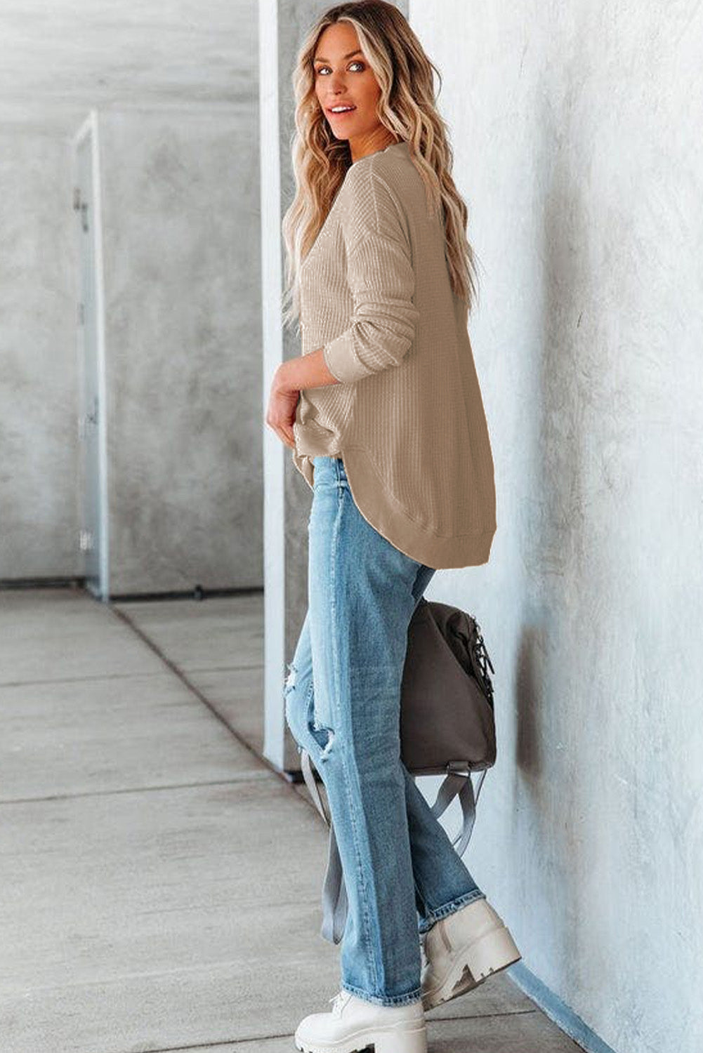 Pink Crew Neck Ribbed Trim Waffle Knit Top