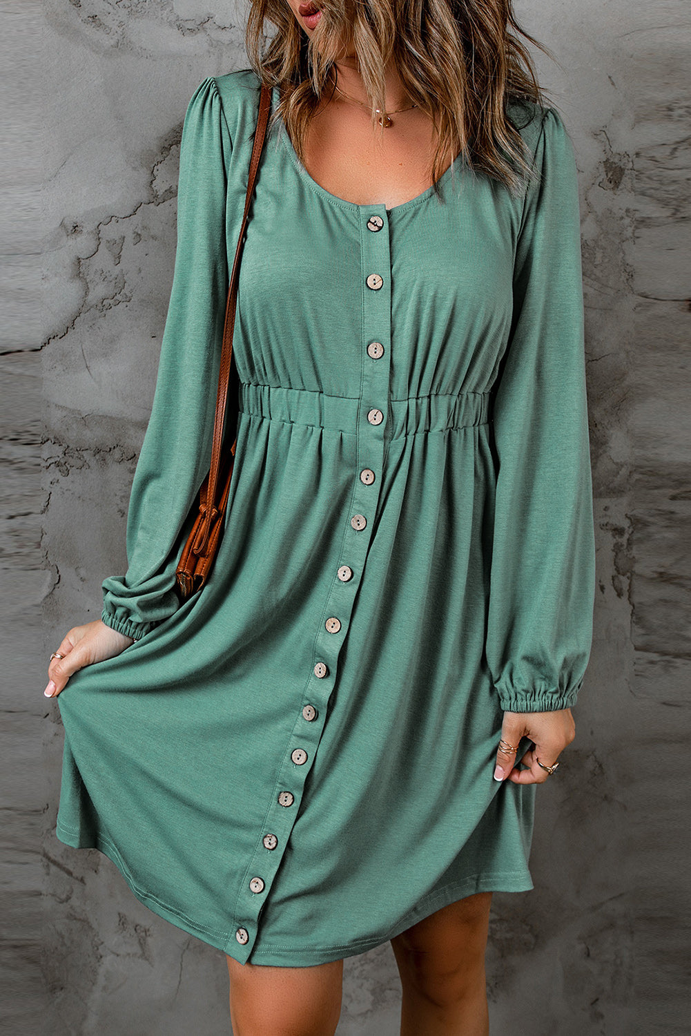 Fiery Red Button Up High Waist Long Sleeve Dress