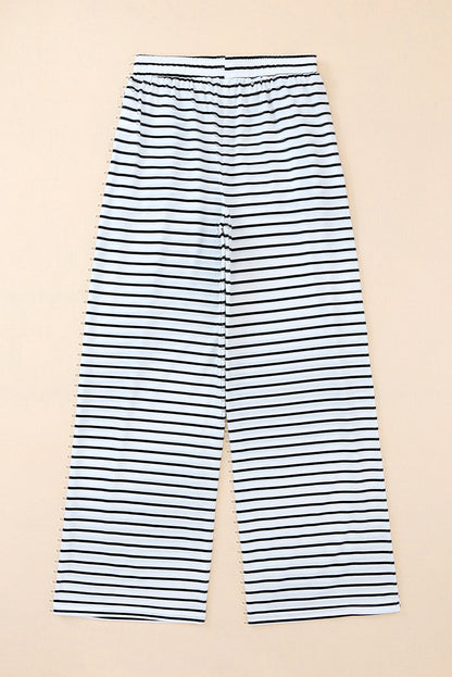 White Drawstring Striped Wide Leg Pants