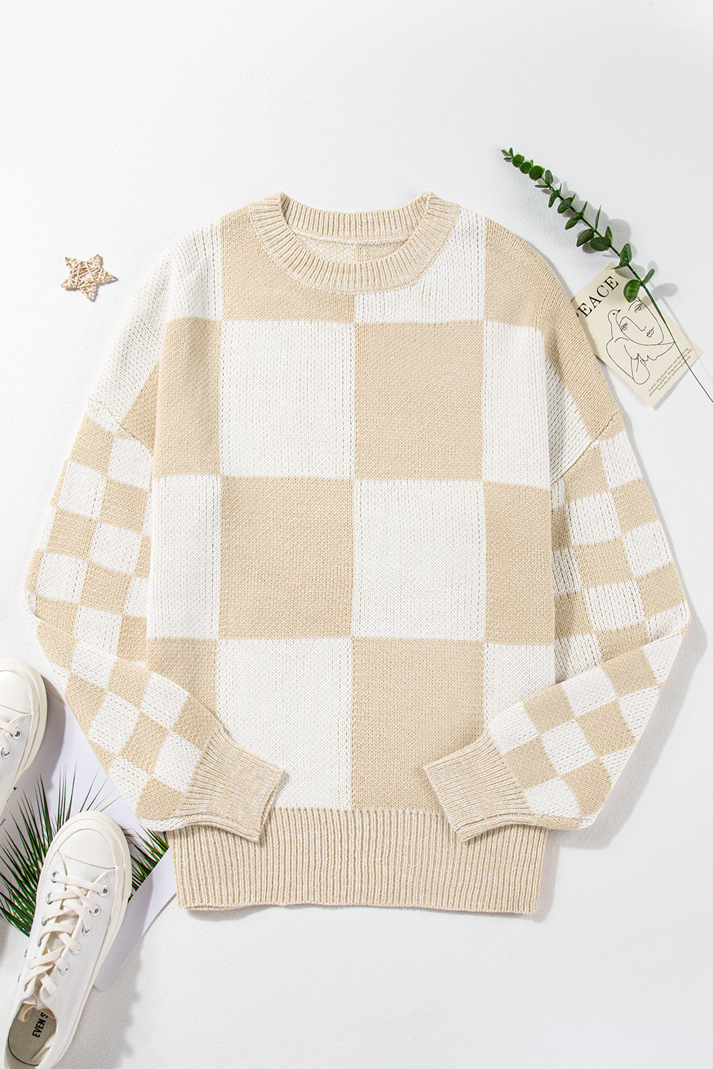 Medium Grey Checkered Print Drop Shoulder Sweater