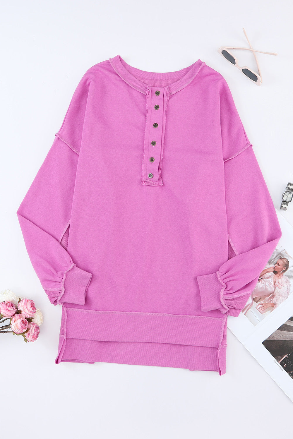 Green Oversized Exposed Seam Henley Sweatshirt