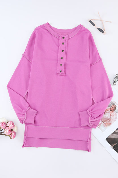 Green Oversized Exposed Seam Henley Sweatshirt