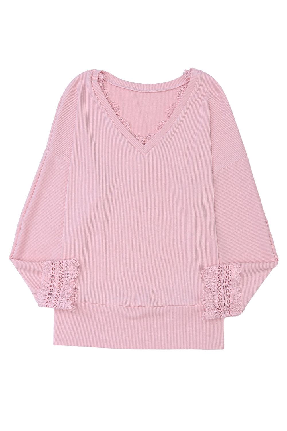 Black Ribbed Texture Lace Trim V Neck Long Sleeve Top