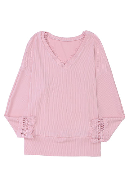 Black Ribbed Texture Lace Trim V Neck Long Sleeve Top